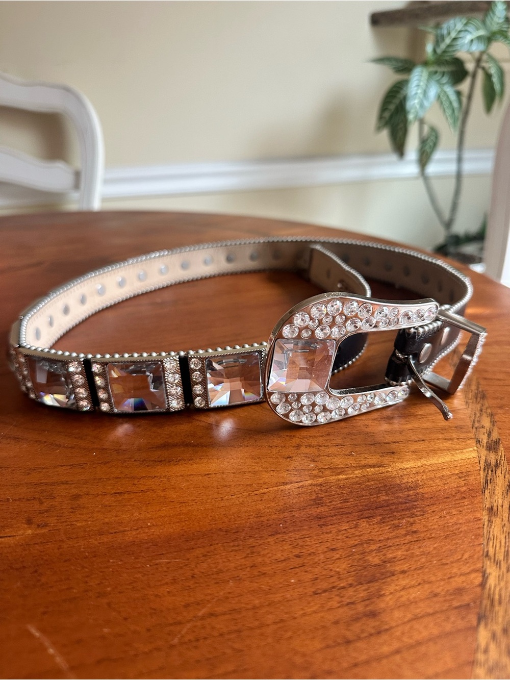 B.B. Simon Crystal-Embellished Tan and Silver Leather Belt